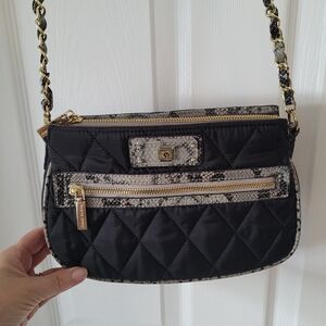 Anne Klein Black Quilted Pochette Crossbody Snakeskin Trim